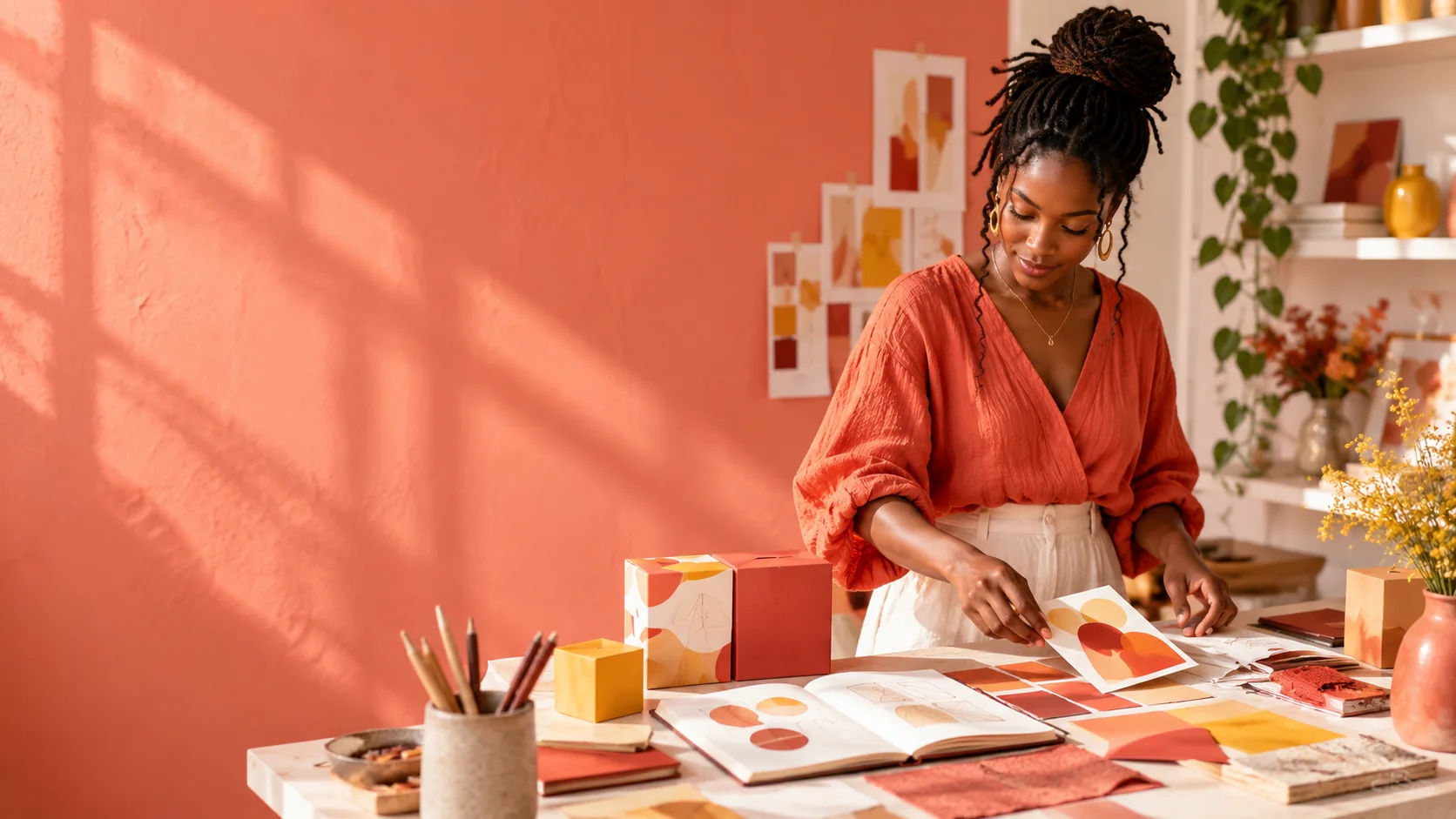 A designer arranging coral packaging and color samples