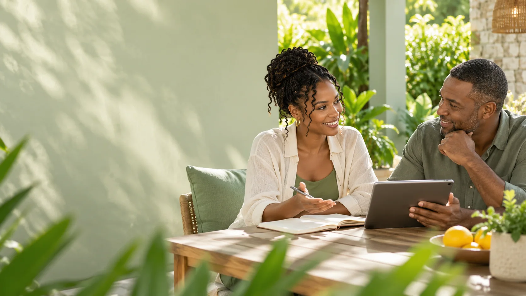 A tutor and an adult learner studying on a green garden veranda