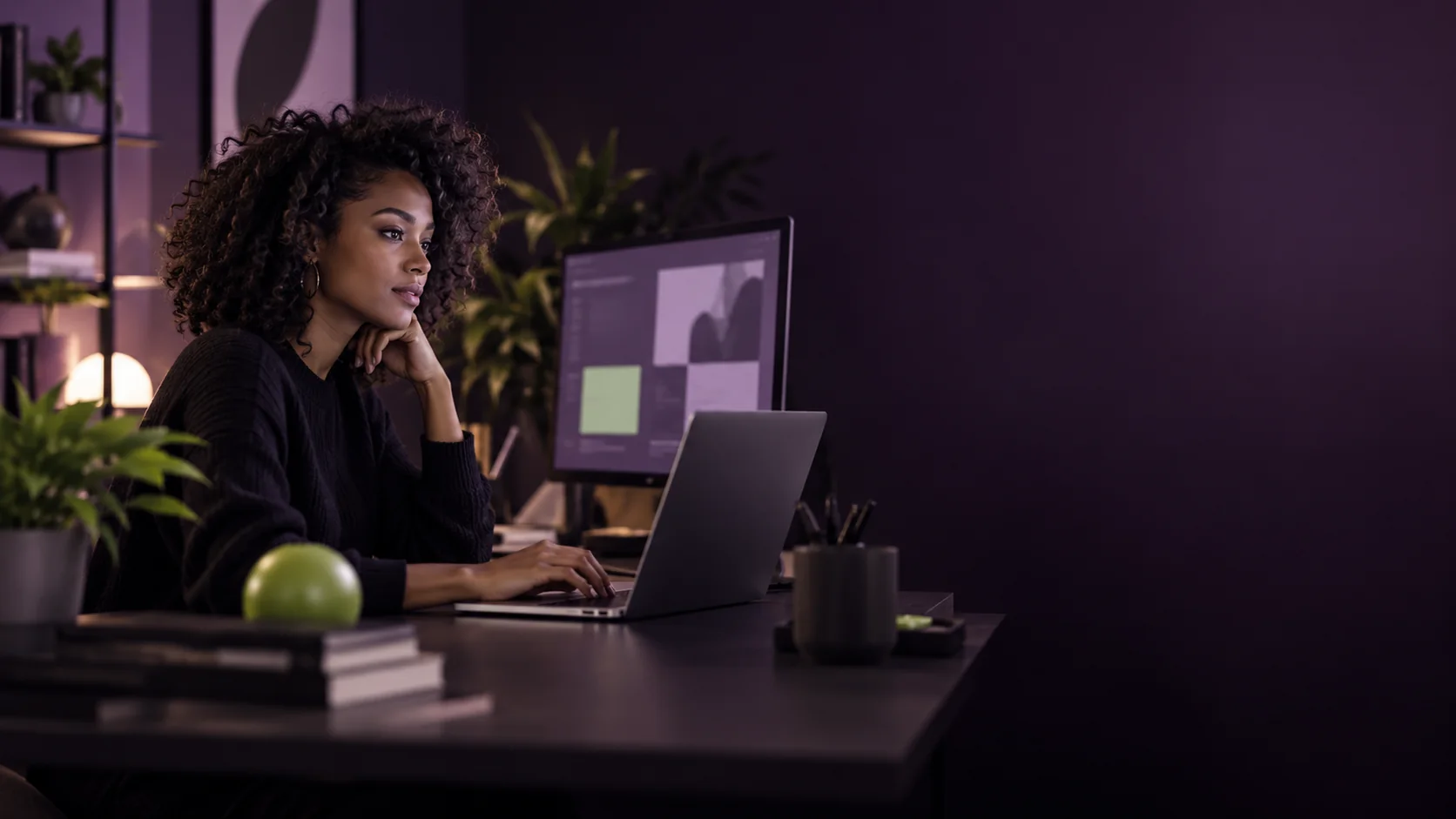 A developer working at a plum-colored digital studio