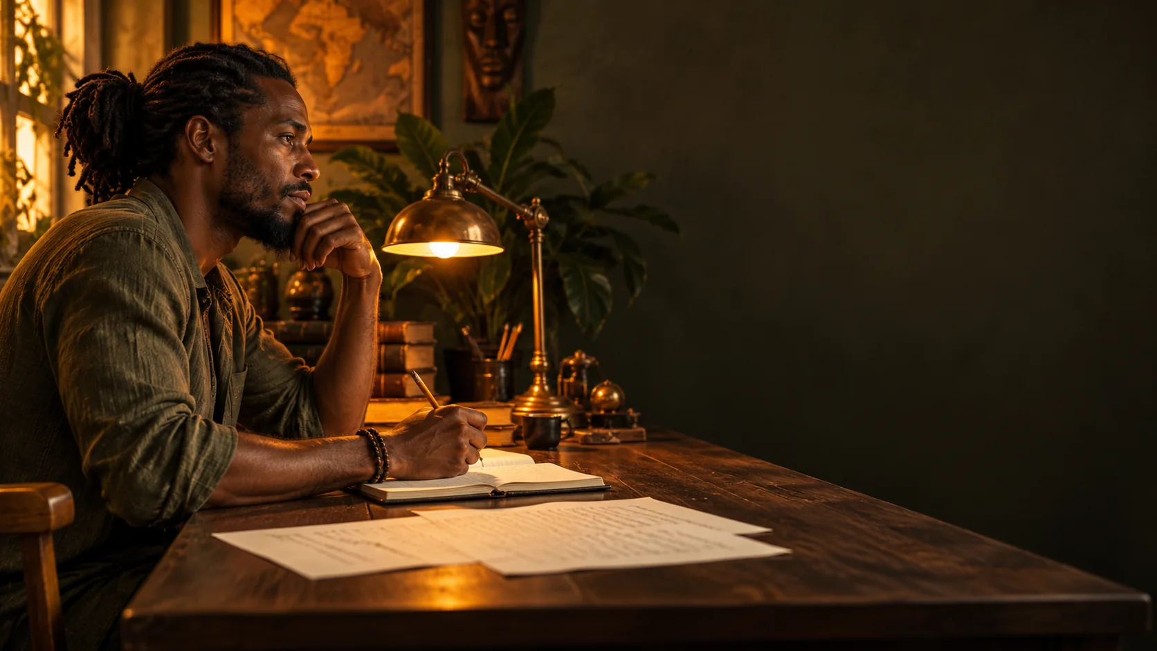A writer working on a notebook in an amber-lit study